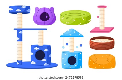 Set of cat furniture for sleep. Collection of pet bed houses, cat tree with climbing platforms, toys and scratching post. Cat towers and baskets. Isolated vector illustration in cartoon style
