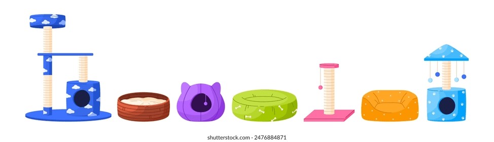 Set of cat furniture for sleep. Collection of pet bed houses, cat tree with climbing platforms, toys and scratching post. Cat towers and baskets. Isolated vector illustration in cartoon style