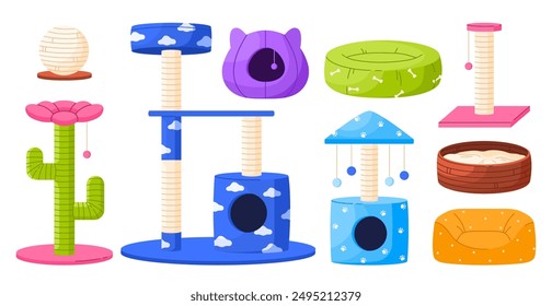 Set of cat furniture for sleep. Collection of pet bed houses, cat tree with climbing platforms, toys and scratching post. Cat towers and baskets. Isolated vector illustration in cartoon style