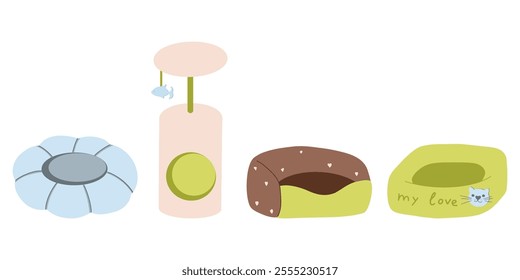 Set of cat furniture for sleep. Collection of pet bed houses, cat tree with climbing platforms, mouse toy and scratching post. Cat towers and baskets. Isolated vector illustration in cartoon style 