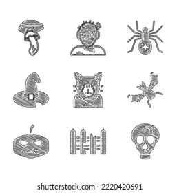 Set Cat, Garden fence wooden, Skull, Flying bat, Pumpkin, Witch hat, Spider and Psilocybin mushroom icon. Vector