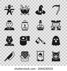 Set Cat, Ghost, Witch, hat, Camping lantern, Priest, Voodoo doll and Bottle with potion icon. Vector