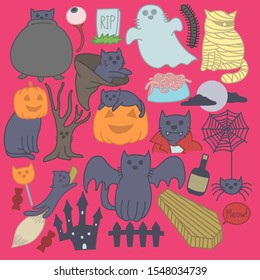 Set of cat halloween, cartoon, funny, playing, hand drawn
