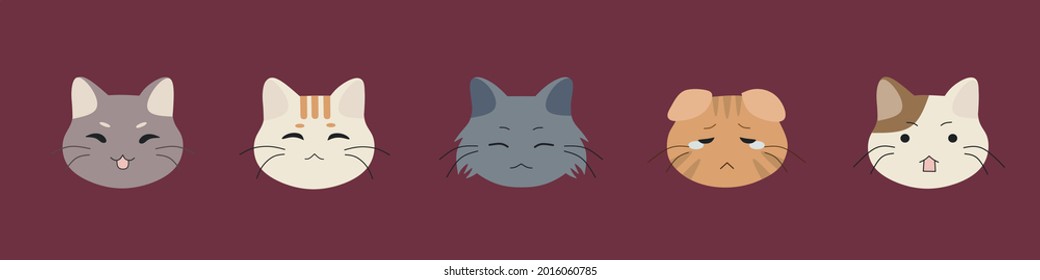 Set of cat head cartoon style with different facial expressions in various breed maroon colored background. Flat vector illustration