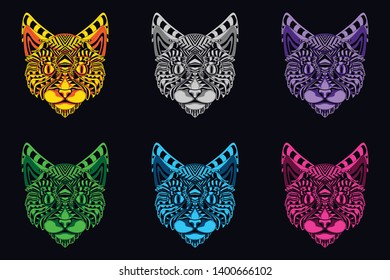 set of cat head in glow color from abstract pattern