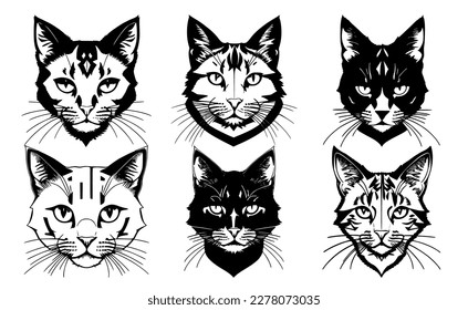 Conjunto de cabezas de gato con diferentes expresiones de calma del bozal. Símbolos para tatuajes, emblemas o logos, aislados en un fondo blanco.