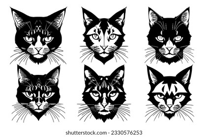 Set of cat heads with different calm expressions of the muzzle. Symbols for tattoo, emblem or logo, isolated on a white background.