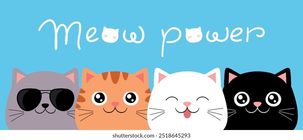 Set of cat heads with handwriting Meow power. Cats with different color patterns. Vector illustration