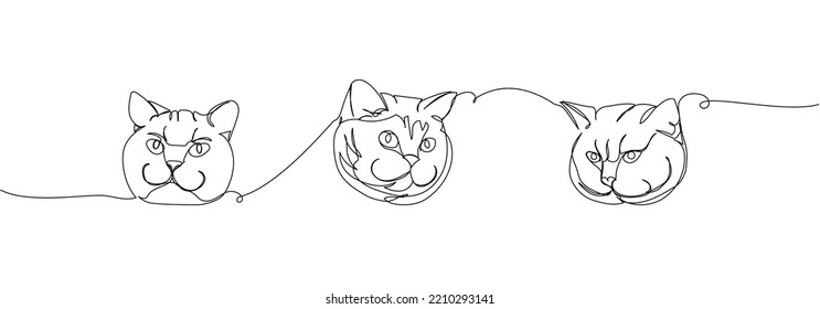 Set of cat heads one line art. Continuous line drawing of pet, mammal, kitten, purebred, breed, friendship, kitty, friend, pedigree, character.