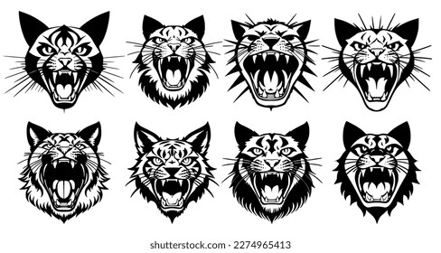 Set of cat heads with open mouth and bared fangs, with different angry expressions of the muzzle. Symbols for tattoo, emblem or logo, isolated on a white background.