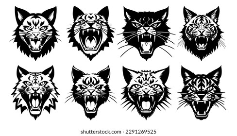 Set of cat heads with open mouth and bared fangs, with different angry expressions of the muzzle. Symbols for tattoo, emblem or logo, isolated on a white background.