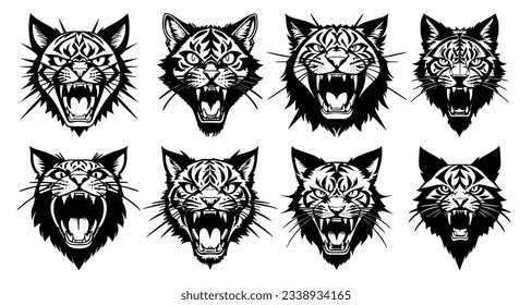 Set of cat heads with open mouth and bared fangs, with different angry expressions of the muzzle. Symbols for tattoo, emblem or logo, isolated on a white background.