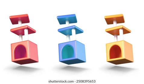 Set von Katzenhäusern in verschiedenen Farben. Vektorrealistische Vorlagen auf weißem Hintergrund