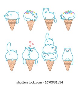 Set of cat ice-creams. Illustration of ice-creams looks like a funny white cats sitting in a waffle cone. Isolated 
objects. Vector 8 EPS.