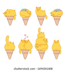 Set of cat ice-creams. Illustration of ice-creams looks like a funny yellow cats sitting in a waffle cone. Isolated 
objects. Vector 8 EPS.