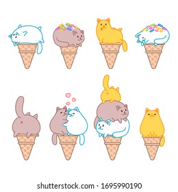 Set of cat ice-creams. Illustration of ice-creams looks like a funny cats sitting in a waffle cone. Isolated objects. Vector 8 EPS.