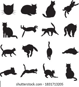 establecer iconos de gatos de ovales en diferentes poses negro