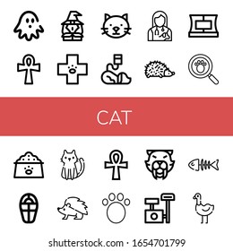 Set of cat icons. Such as Haunted house, Ankh, Witch, Veterinary, Cat, Veterinarian, Hedgehog, Collar, Paw print, Dog food, Sarcophagus, Animal, Saber toothed tiger , cat icons