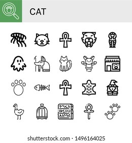 Set of cat icons such as Paw print, Flea, Cat, Ankh, Saber toothed tiger, Sarcophagus, Haunted house, Anubis, Hand puppet, Pet shop, Animal, Fish bone, Witch, Ostrich, Bird cage , cat