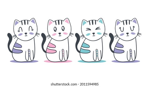 Set of cat line art character cartoon illustration flat design concept