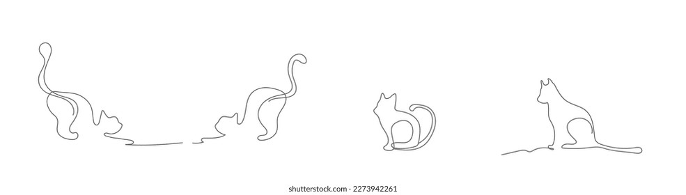 Set of cat line design. Simple animal silhouette decorative elements drawn with one continuous line. Vector illustration of minimalist style on white background.