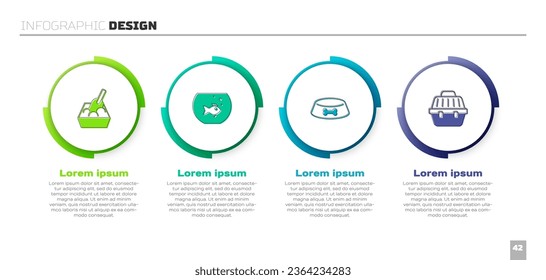 Set Cat litter tray with shovel, Aquarium fish, Pet food bowl for cat or dog and carry case. Business infographic template. Vector