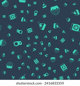 Set Cat litter tray with shovel, Pet carry case, Retractable cord leash and Bag of food for pet on seamless pattern. Vector
