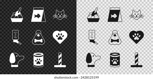 Set Cat litter tray with shovel, Food for fish, Dog, Canned food, scratching post toy, Drinker small pets and collar bone icon. Vector