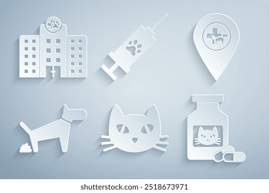 Set Katze, Standort Veterinär, Hundekot, Medikamentenflasche und Pillen, Spritze mit Haustier-Impfstoff und Veterinary Krankenhaus-Symbol. Vektorgrafik