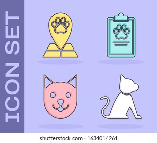 Set Cat, Map pointer with veterinary medicine hospital, Cat and Clipboard with medical clinical record pet icon. Vector