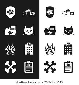 Set Cat, Medical veterinary record folder, Animal health insurance, and pills, Paw print and Veterinary medicine hospital icon. Vector