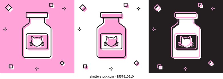Set Cat medicine bottle icon isolated on pink and white, black background. Container with pills. Prescription medicine for animal.  Vector Illustration
