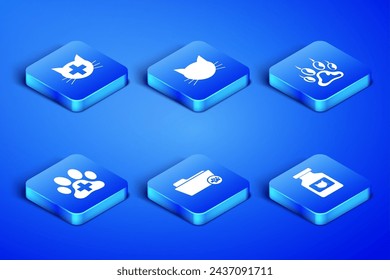Set Cat medicine bottle, Veterinary clinic, Medical veterinary record folder, ,  and Paw print icon. Vector