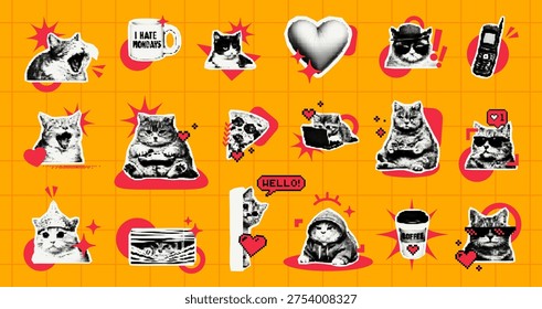 Set of cat meme sticker with pixel art aesthetic. Retro internet meme collection with funny kitten illustration. Digital decorative element for journal, scrapbooking and social media graphic design.
