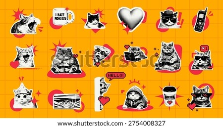Set of cat meme sticker with pixel art aesthetic. Retro internet meme collection with funny kitten illustration. Digital decorative element for journal, scrapbooking and social media graphic design.