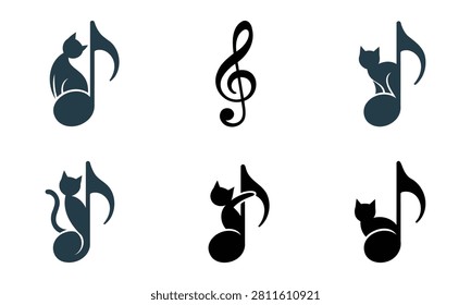 Set of cat and music notes on white background musical feline icons
