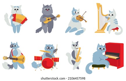 Set of cat musicians. Cute characters in doodle flat style