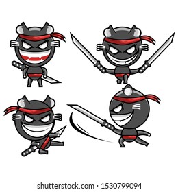 Set Cat Ninja Animal Sword Katana Warrior Angry Cute