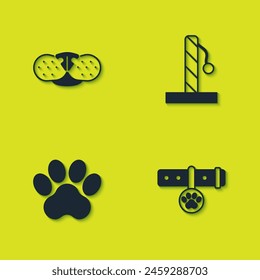 Set Cat nose, Collar with name tag, Paw print and scratching post icon. Vector