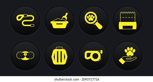 Set Cat nose, Dog shit in bag, Pet carry case, Retractable cord leash, Veterinary clinic, litter tray with shovel, Hands animals footprint and  icon. Vector