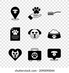 Indique la nariz del gato, las manos con la huella de los animales, el cepillo de pelo para el gato del perro, el corazón, el kit de primeros auxilios de la mascota, la mascota de registros clínicos y el icono del perro. Vector