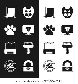 Set Cat nose, Paw print, Door for pet, Dog shit bag, Hair brush dog and cat, Canned food and No icon. Vector