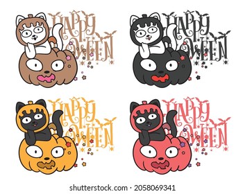 Set of cat on pumpkin with stars in Halloween concept design.