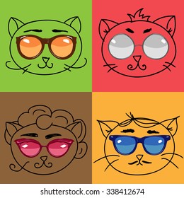 set of cat outline retro faces in glasses, vector illustration