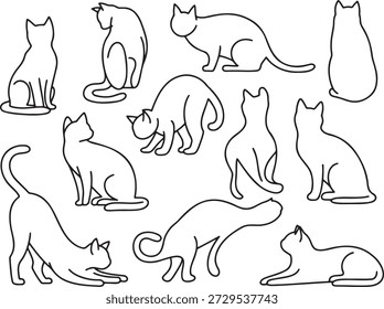 Set von Katzen Umrisse und Silhouetten in verschiedenen Posen wie sitzen Stretching und Gehen. Einfache schwarze Linie Kunst von Hauskatzen für Tierliebhaber und grafische Projekte. Elegante Katzenformen für minimalistisches Logo-Design und Tierbranding.