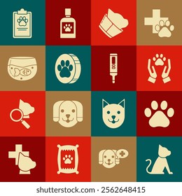 Set Cat, Paw print, Hands with animals footprint, Veterinary clinic symbol, Aquarium fish, Clipboard medical clinical record pet and Medical digital thermometer icon. Vector