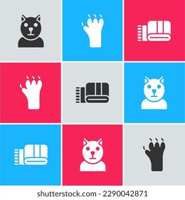 Set Cat, Paw print and Towel stack icon. Vector