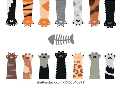 Set of cat paws. Cats and fish.vector graphics