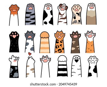 Set of cat paws. Collection of cartoon footprints of kitty. Vector illustration of animals paws. Love for animals. Tattoo.