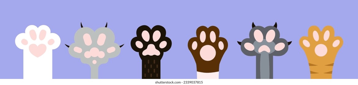 conjunto de papel pintado de garras de gato, piernas, garra de perro, gato sobre fondo morado, gatito diseño plano, huellas, dibujos animados, papel pintado lindo de pie de gato ilustración vectorial 
